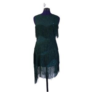 Emerald Green Sequins Beaded Fringe Vintage Style Dress